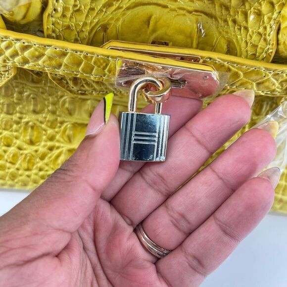 Yellow Croc Embossed Faux Leather Structured Satchel – Medium Top Handle Bag - Picture 16 of 17